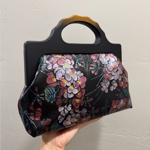 Handmade Cowhide Floral Embossed, Large Wooden Frame Bag & 2 Strap Styles - Picture 5 of 16